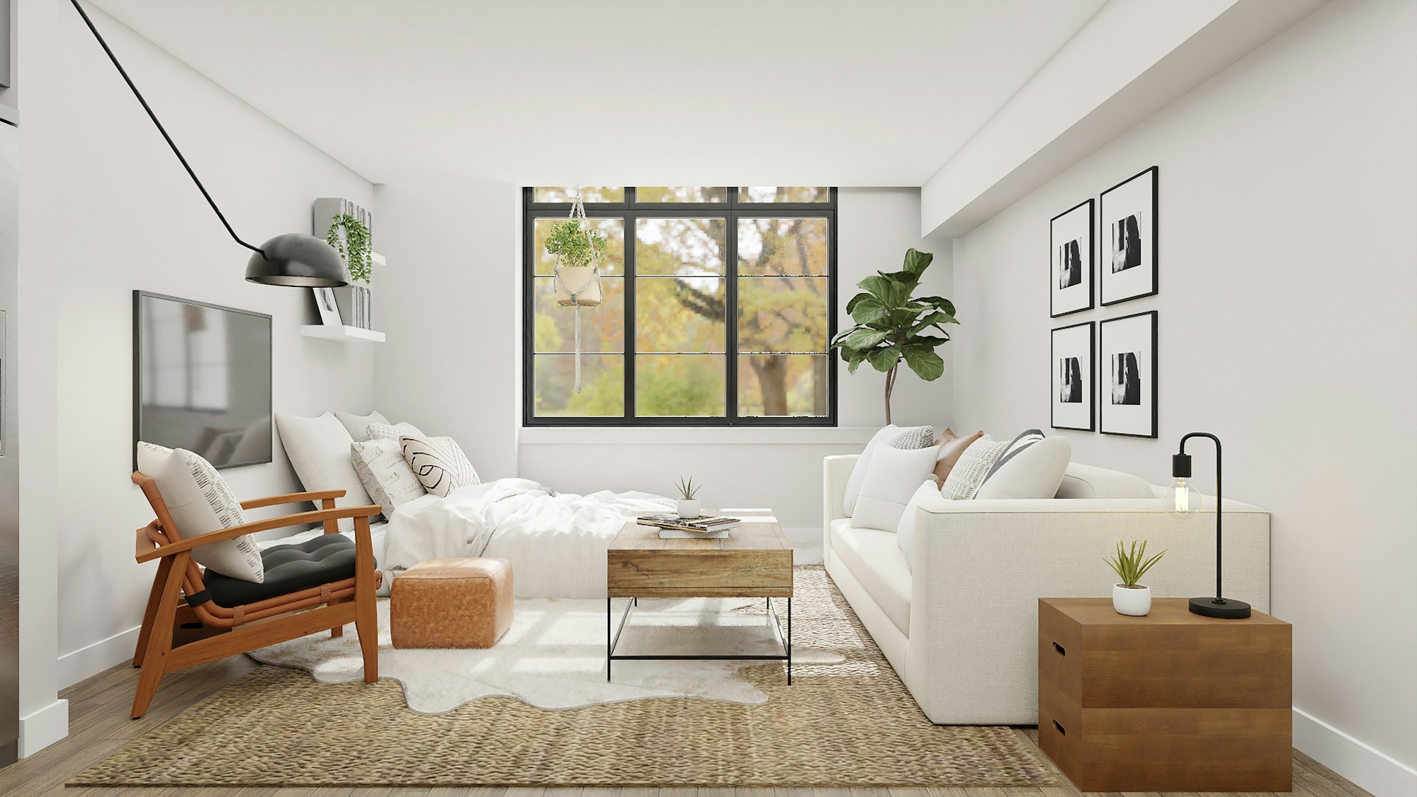 Bright living room with a white sofa and natural light